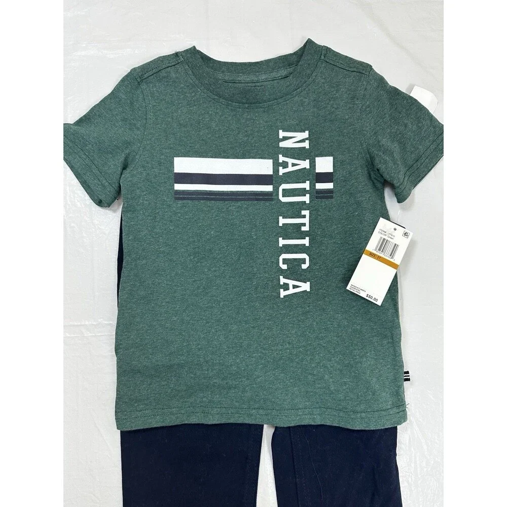 Nautica Boys T Shirt Jogger Pants Set 3T Navy Blue Khaki NWT Graphic Logo